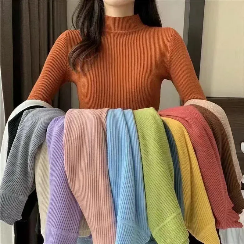 Women Winter Fashion Pullover Simple Half Turtleneck Sweaters Warm Basic Top Casual Elastic Jumpers Knit Slim Basic Sweater