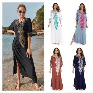 Womens Embroidered Sexy Side Split Long Sleeve Maxi Dress