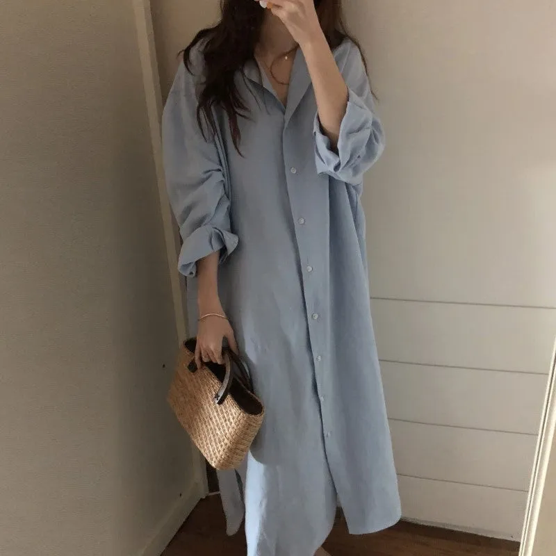 Womens Loose Cotton Linen Long Sleeves Shirt Dress