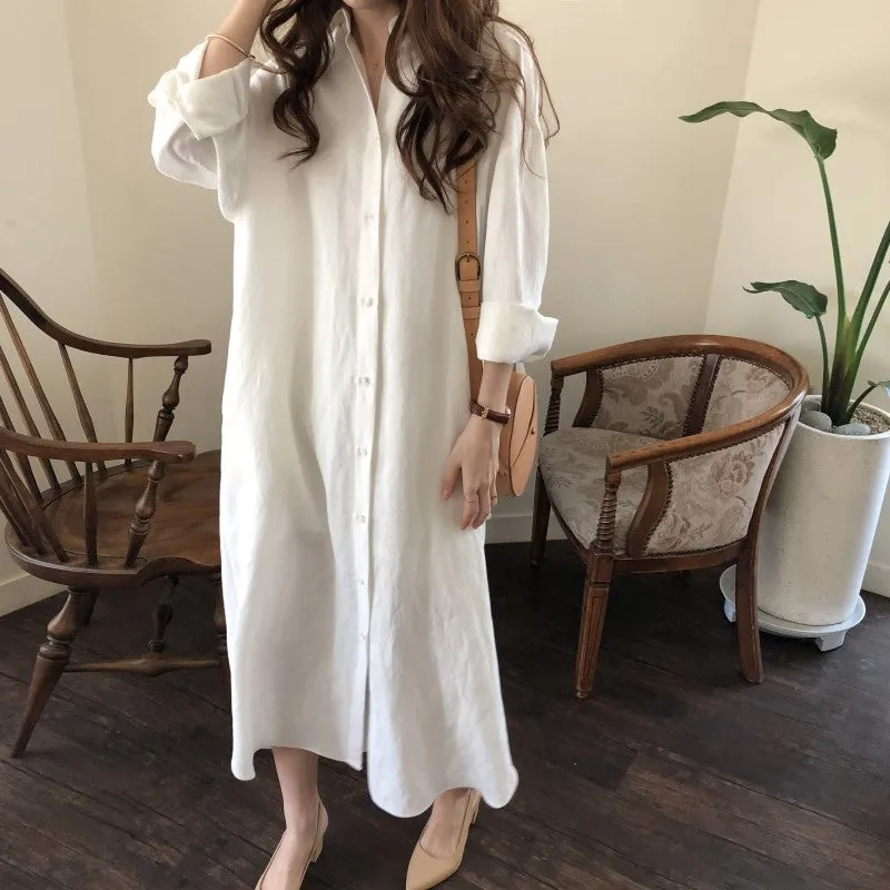 Womens Loose Cotton Linen Long Sleeves Shirt Dress