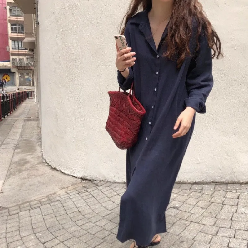 Womens Loose Cotton Linen Long Sleeves Shirt Dress