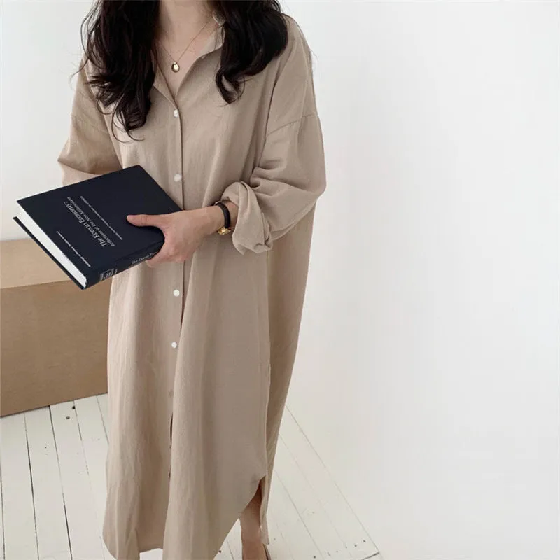 Womens Loose Cotton Linen Long Sleeves Shirt Dress