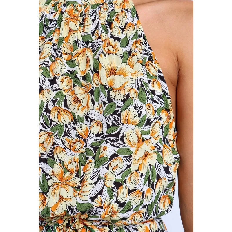 Womens Off-shoulder Sleeveless Halter Neck Maxi Floral Dress