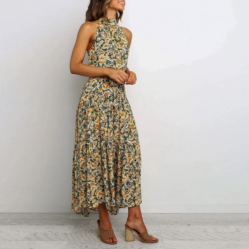 Womens Off-shoulder Sleeveless Halter Neck Maxi Floral Dress