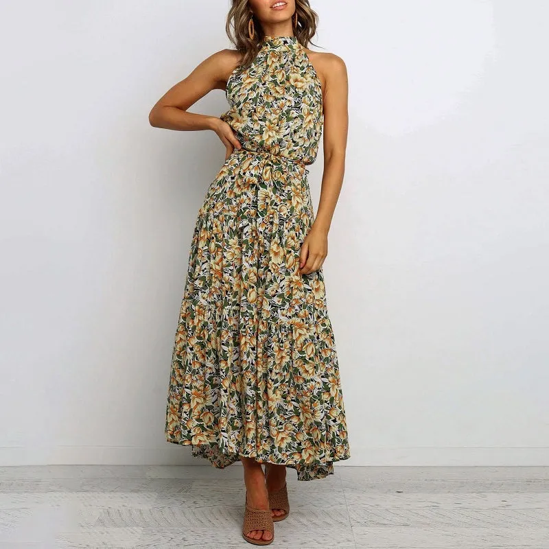 Womens Off-shoulder Sleeveless Halter Neck Maxi Floral Dress