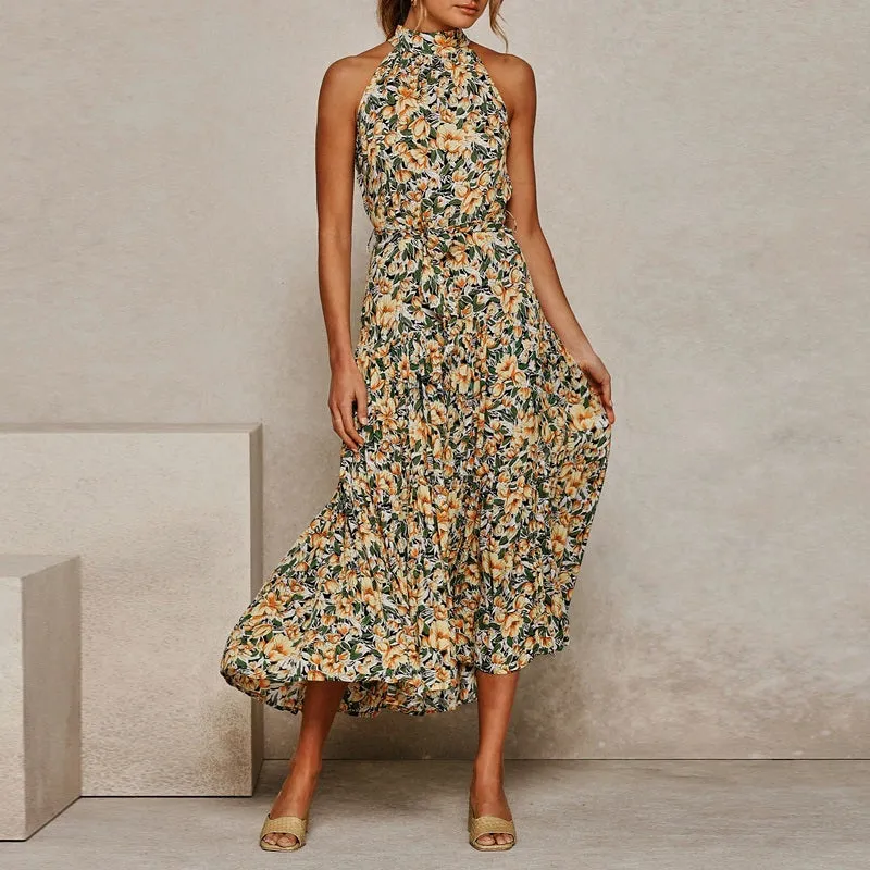 Womens Off-shoulder Sleeveless Halter Neck Maxi Floral Dress