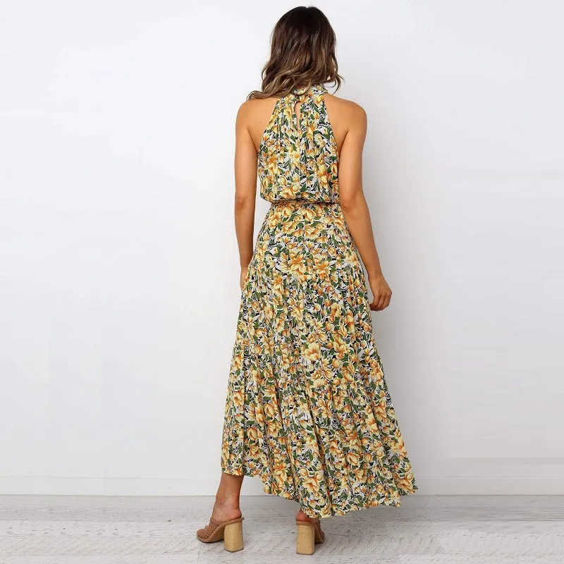 Womens Off-shoulder Sleeveless Halter Neck Maxi Floral Dress