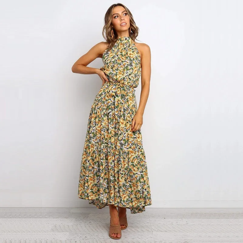 Womens Off-shoulder Sleeveless Halter Neck Maxi Floral Dress