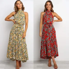 Womens Off-shoulder Sleeveless Halter Neck Maxi Floral Dress