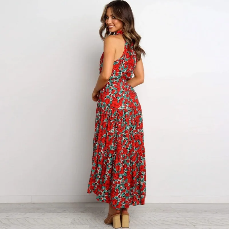 Womens Off-shoulder Sleeveless Halter Neck Maxi Floral Dress