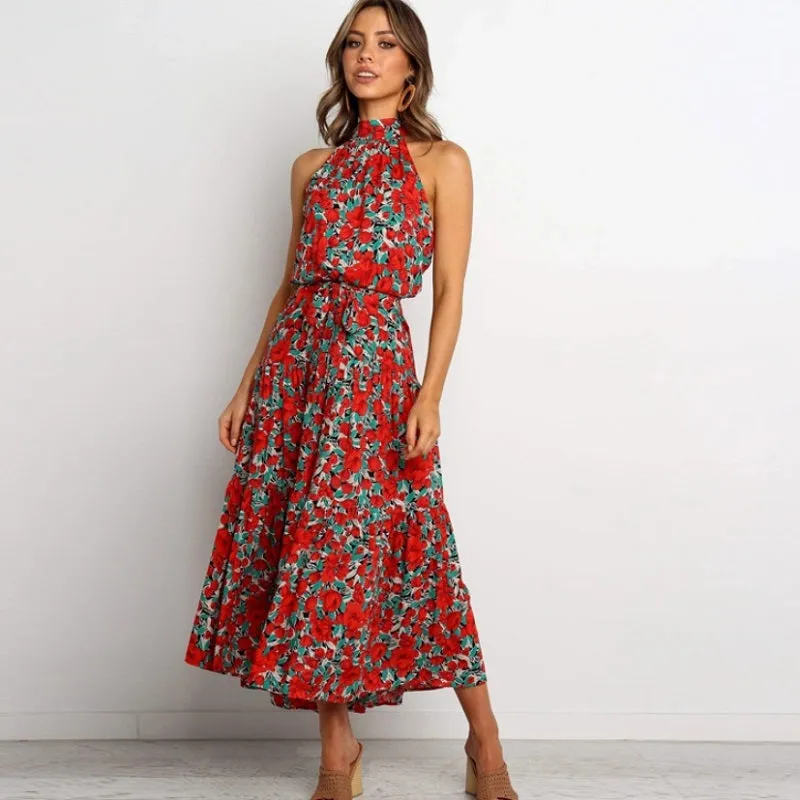 Womens Off-shoulder Sleeveless Halter Neck Maxi Floral Dress