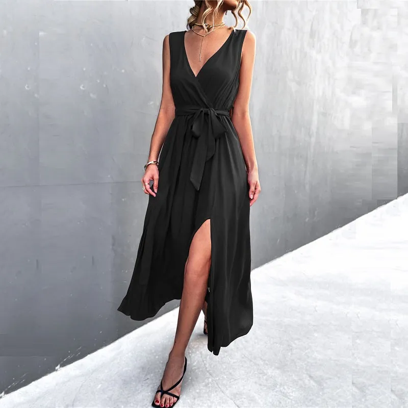 Womens Sexy V-Neck Bownot Sleeveless Slit Slim Long Dress