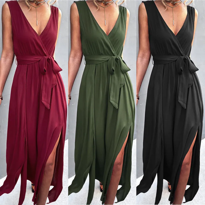 Womens Sexy V-Neck Bownot Sleeveless Slit Slim Long Dress