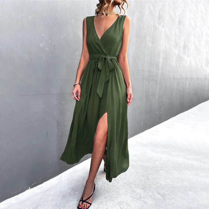 Womens Sexy V-Neck Bownot Sleeveless Slit Slim Long Dress