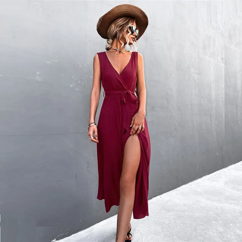 Womens Sexy V-Neck Bownot Sleeveless Slit Slim Long Dress