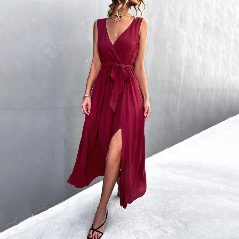 Womens Sexy V-Neck Bownot Sleeveless Slit Slim Long Dress