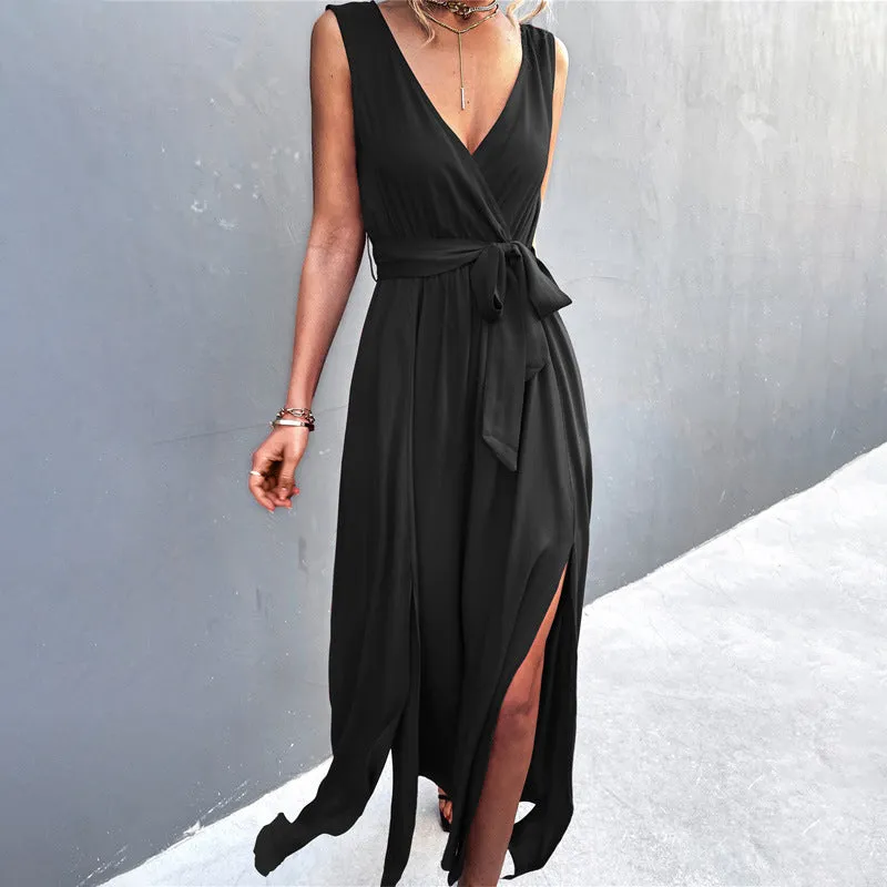 Womens Sexy V-Neck Bownot Sleeveless Slit Slim Long Dress