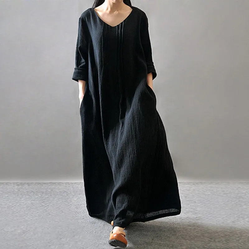 Womens V-Neck Long Sleeve Floor-length Loose Maxi Dress