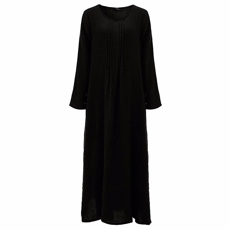 Womens V-Neck Long Sleeve Floor-length Loose Maxi Dress