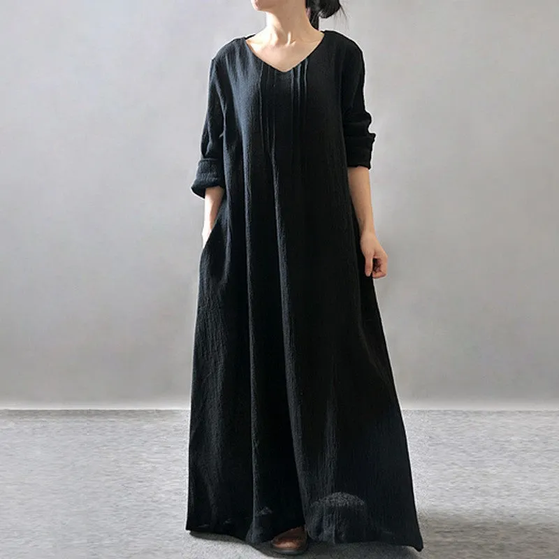 Womens V-Neck Long Sleeve Floor-length Loose Maxi Dress