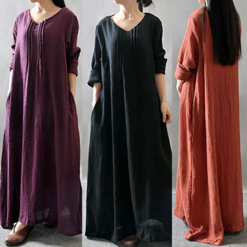 Womens V-Neck Long Sleeve Floor-length Loose Maxi Dress