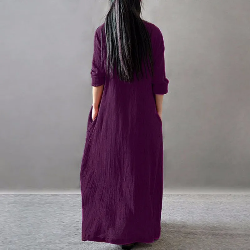 Womens V-Neck Long Sleeve Floor-length Loose Maxi Dress