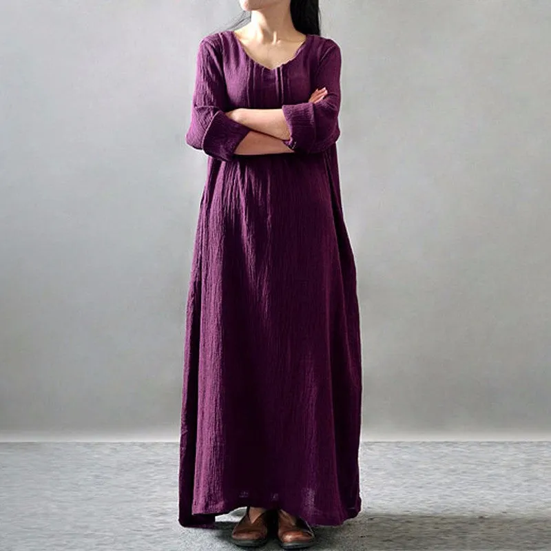 Womens V-Neck Long Sleeve Floor-length Loose Maxi Dress