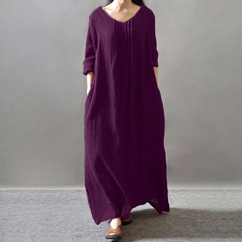 Womens V-Neck Long Sleeve Floor-length Loose Maxi Dress