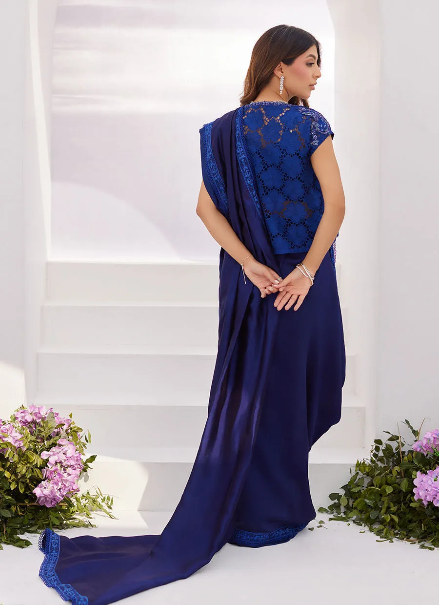 Zaza '24 - Ocean Navy Draped Saree With Cutwork Embellished Cape