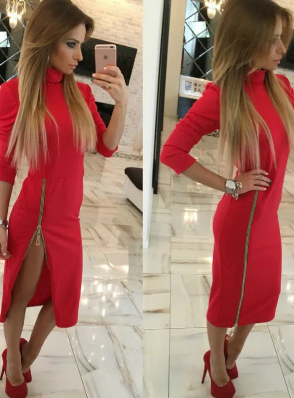 Zipper Up Split Sexy Party Dresses Long Sleeve