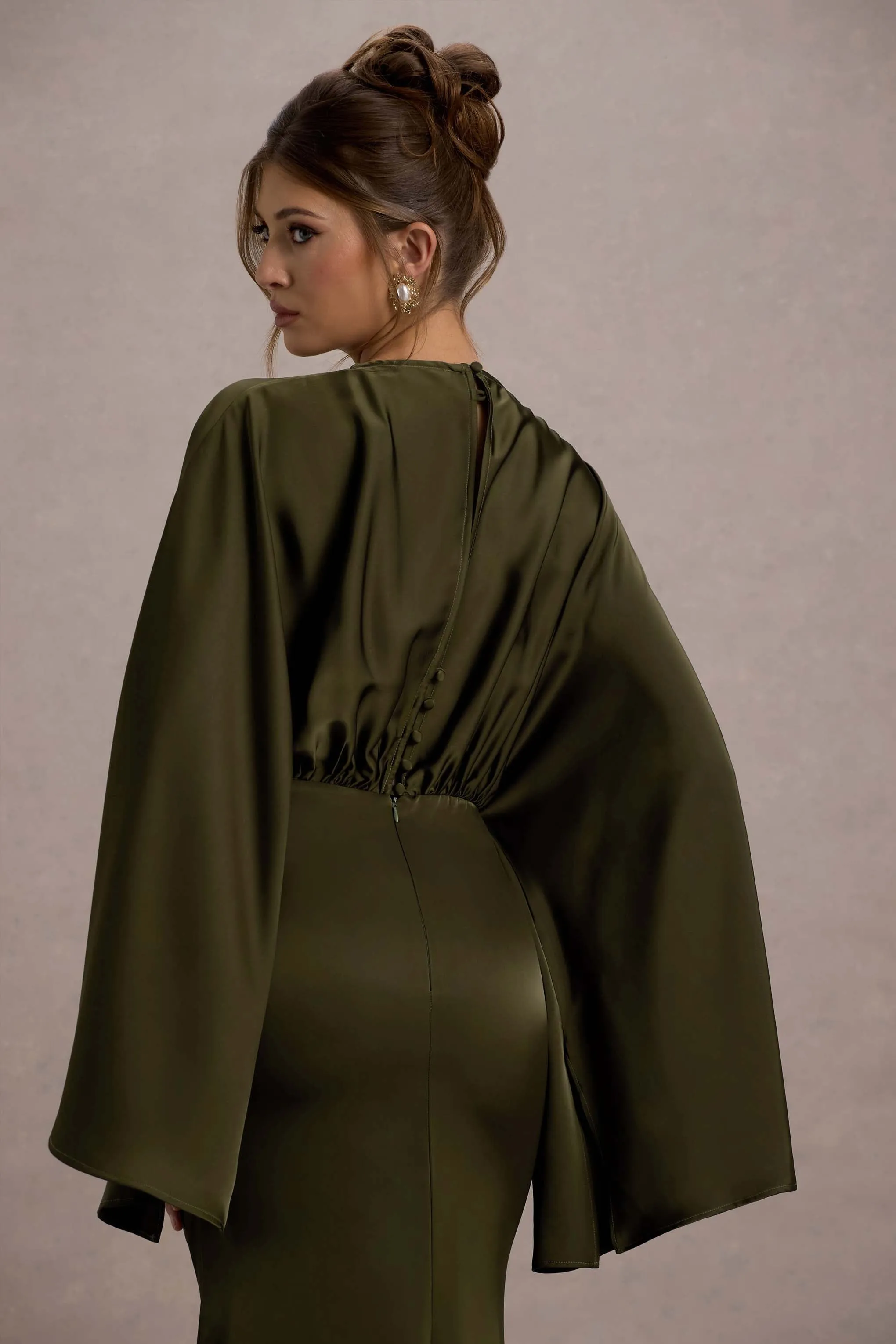 Zuzanna | Khaki Draped Maxi Dress With Cape Sleeves