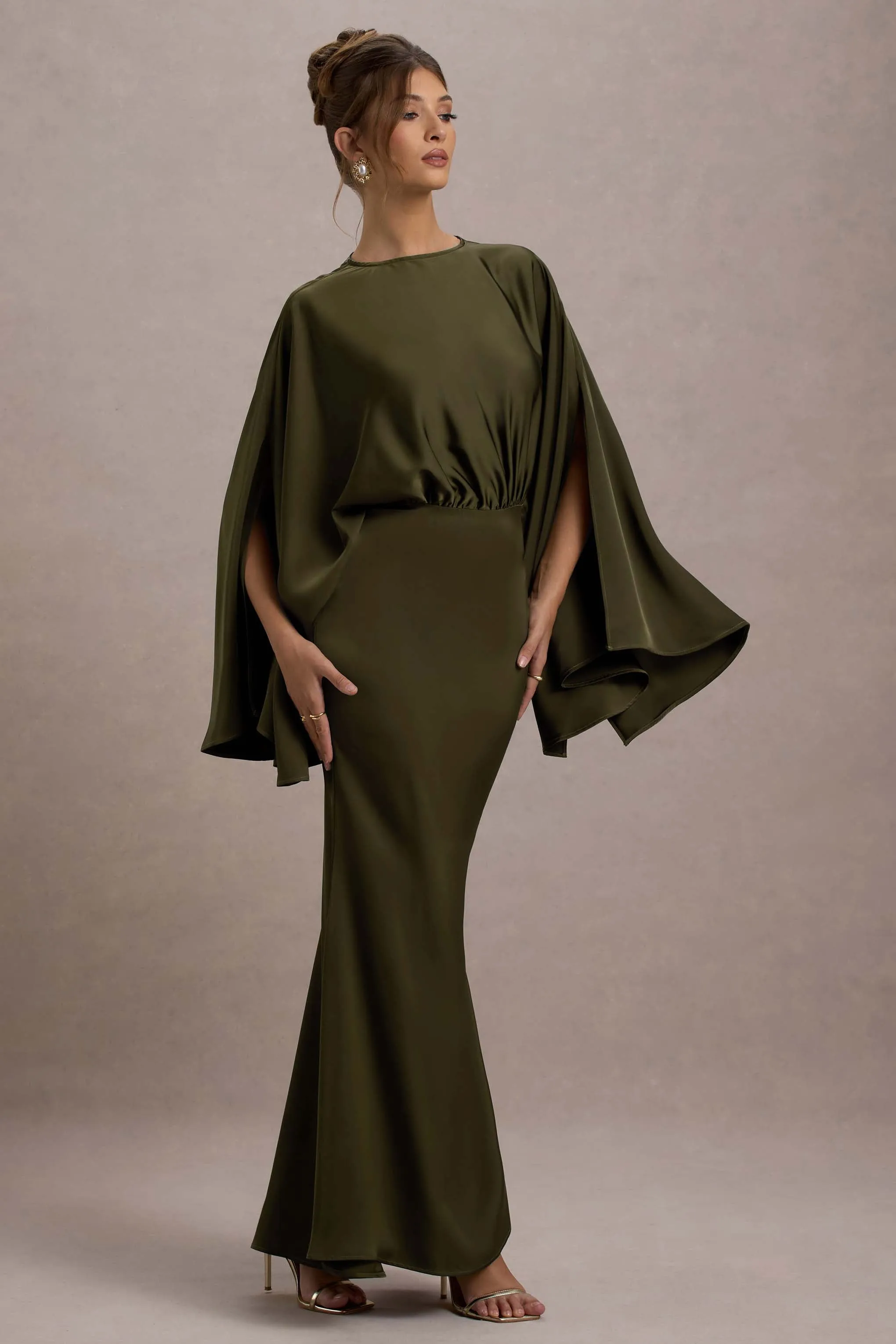 Zuzanna | Khaki Draped Maxi Dress With Cape Sleeves