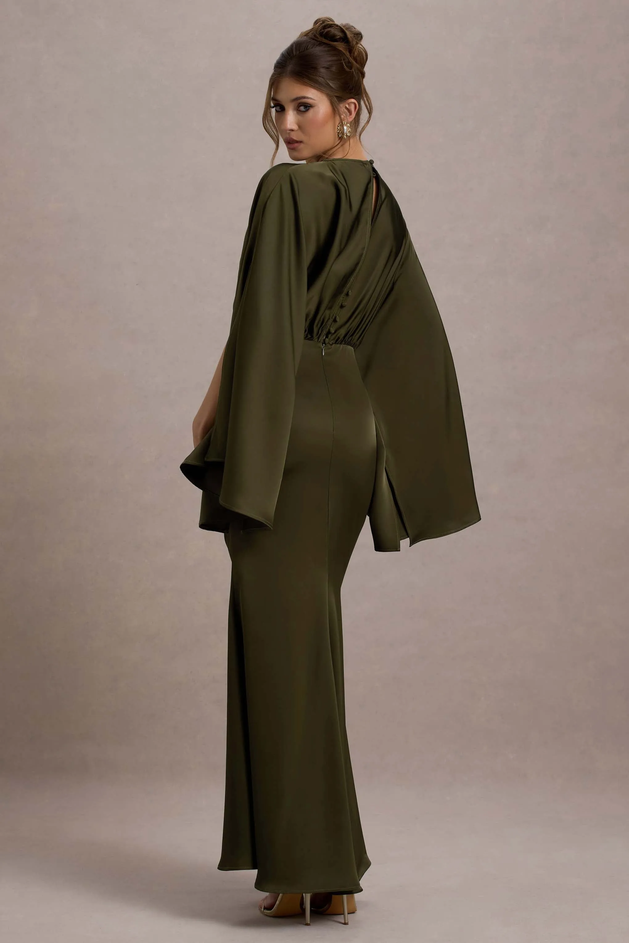 Zuzanna | Khaki Draped Maxi Dress With Cape Sleeves