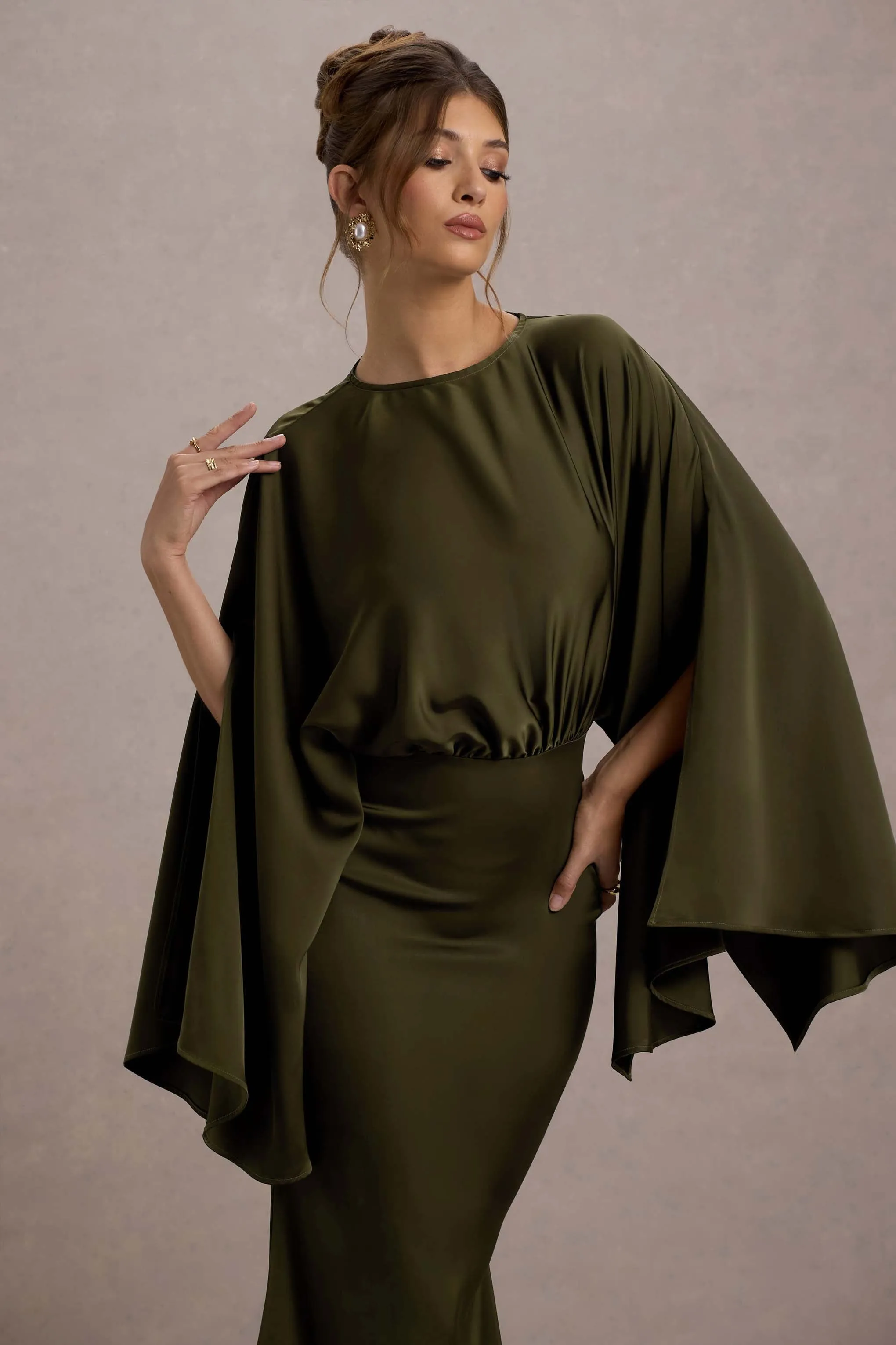 Zuzanna | Khaki Draped Maxi Dress With Cape Sleeves