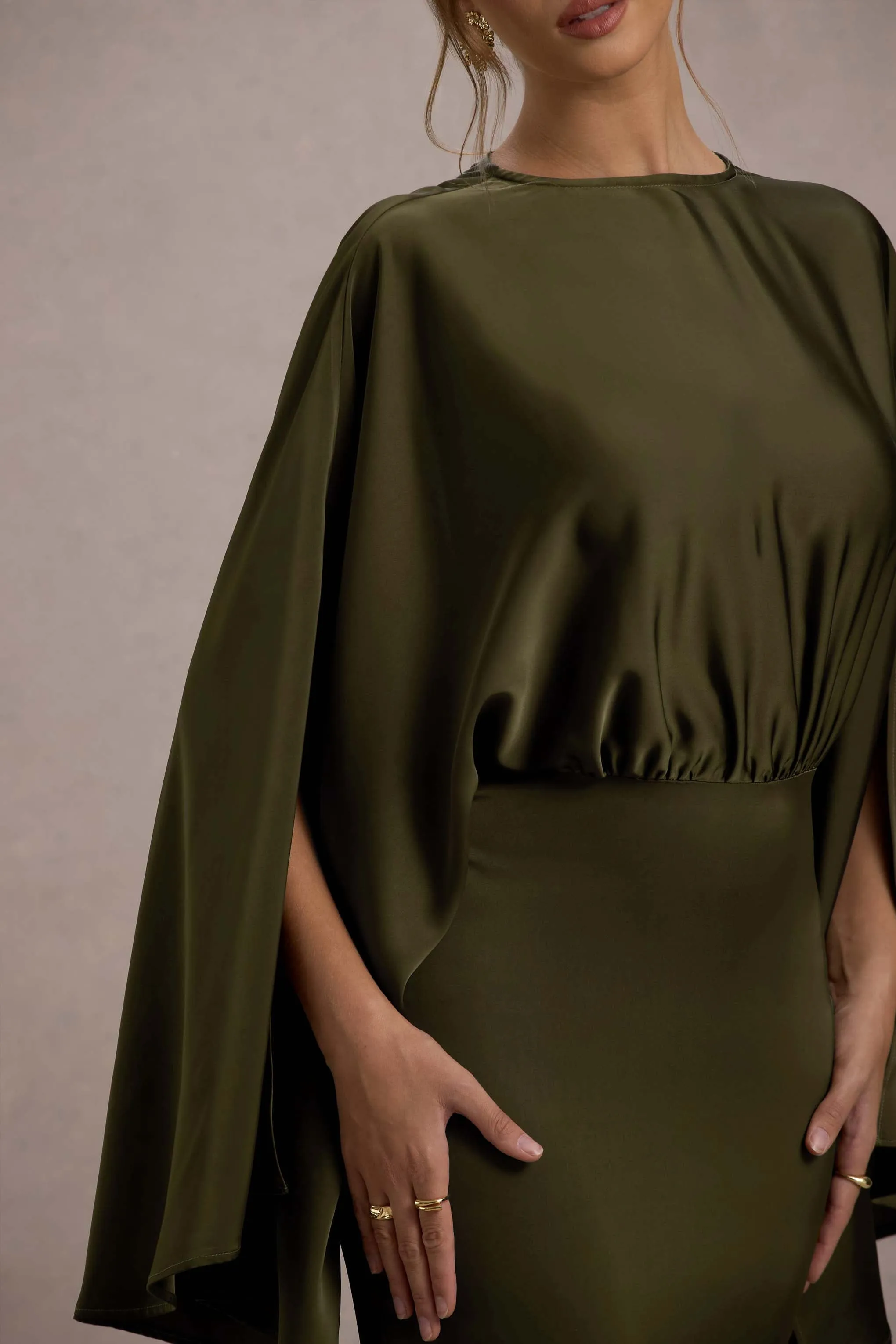 Zuzanna | Khaki Draped Maxi Dress With Cape Sleeves