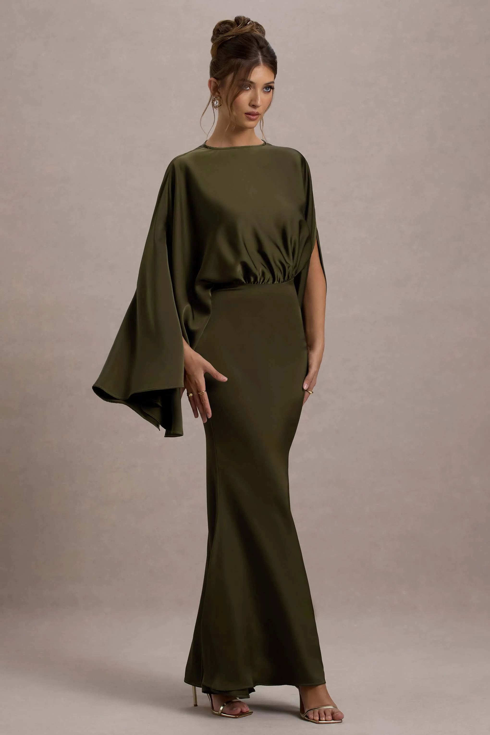 Zuzanna | Khaki Draped Maxi Dress With Cape Sleeves